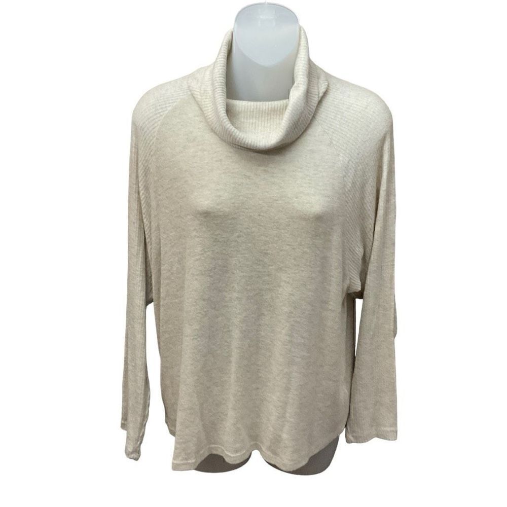 Lush Sweater Cowl Neck Tan Oatmeal Lightweight Soft Knit Ribbed Women Small